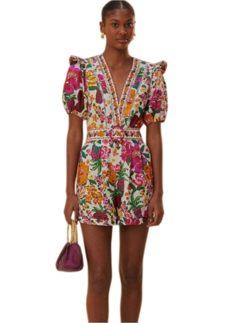 NWT Farm Rio Off White Cotton Floral Print Sketch Cotton Belted Romper Size XS - Picture 3 of 15